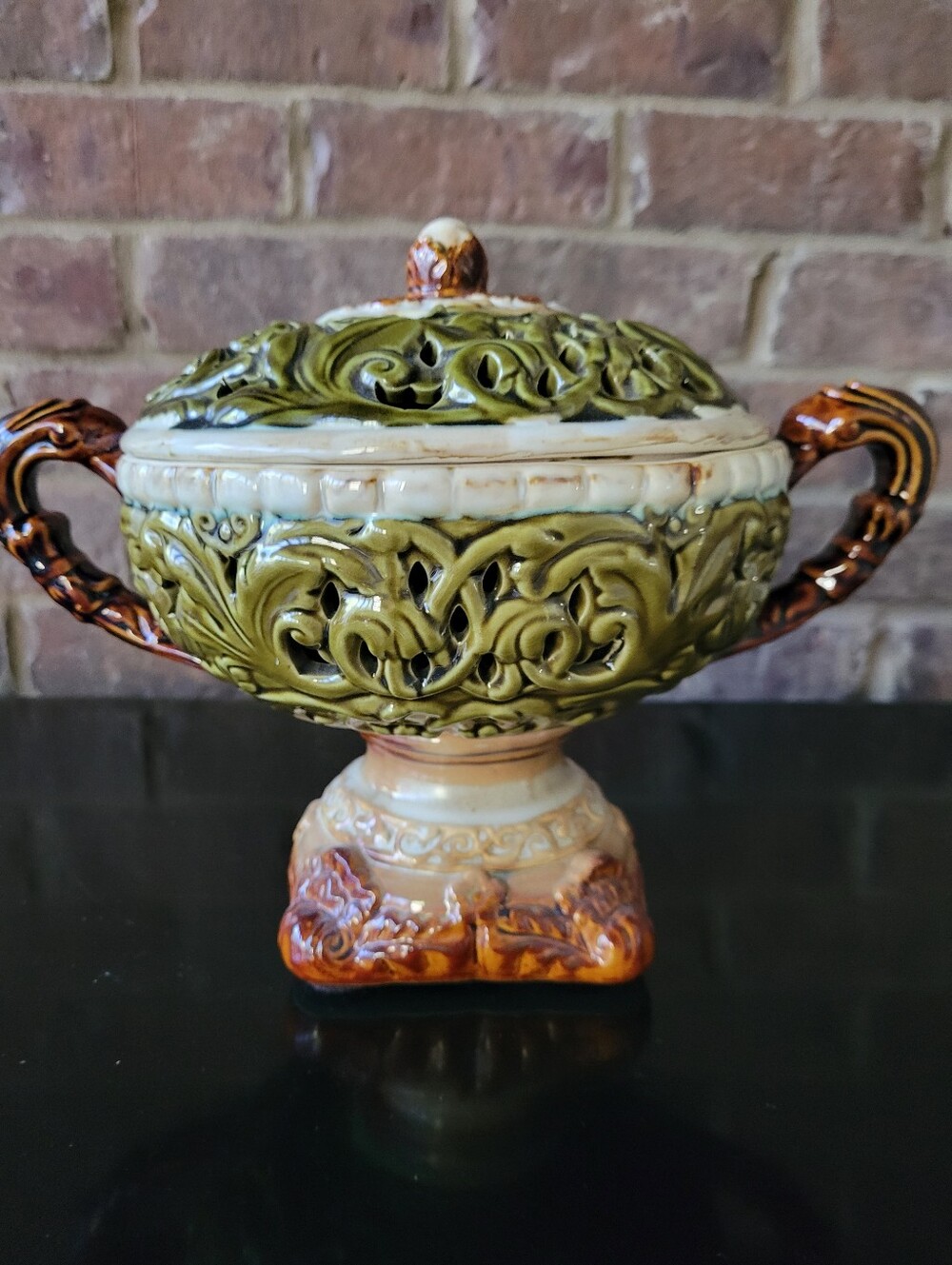 Vintage Reticulated Ceramic Lidded Pedestal Urn Bowl Baroque Revival Green Brown